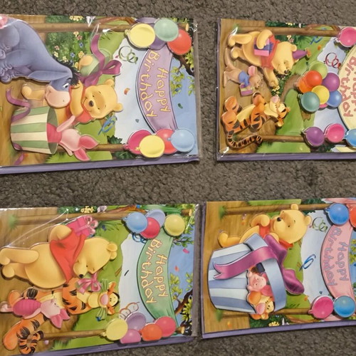 Birthday cards new, 4 greeting cards with Winnie the Pooh designs