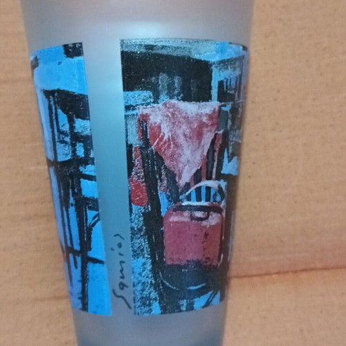 Loumidis Papagalos coffee promotional glass with Pavlos Samiou artwork