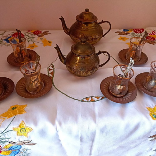 Vintage Turkish tea set with brass details and glass cups new