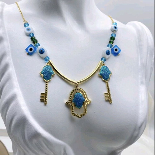 Steel necklace new blue and gold