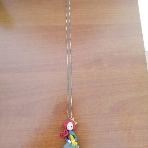 Necklace with polymer clay girl and steel chain new