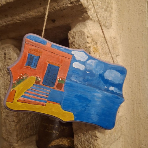 Handmade wooden wall sign with Aegean landscape painting