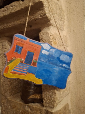 Handmade wooden wall sign with Aegean landscape painting