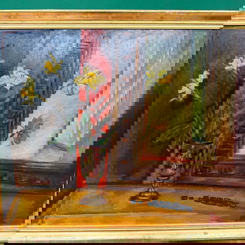 Έργο τέχνης Γ. Πατριαρχέας μεταχειρισμένο, βάζο με λουλούδια σε κορνίζα