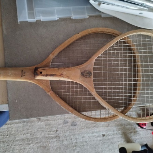 Pair of vintage wooden Santos 555 tennis rackets used
