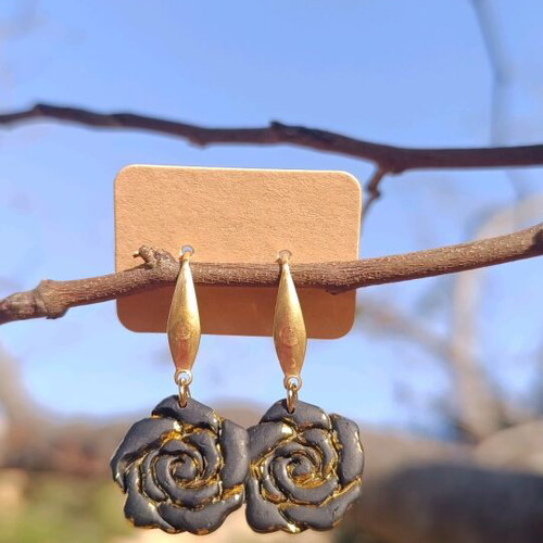 Rose earrings handmade new, black and gold
