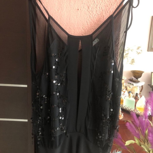 Queen Fashion top new, black, size M with sequins and deep neckline