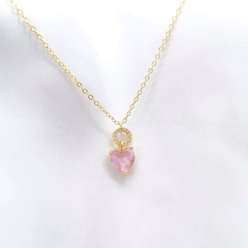 18K Gold-Plated Necklace with Pink Heart Pendant, 45 cm, New