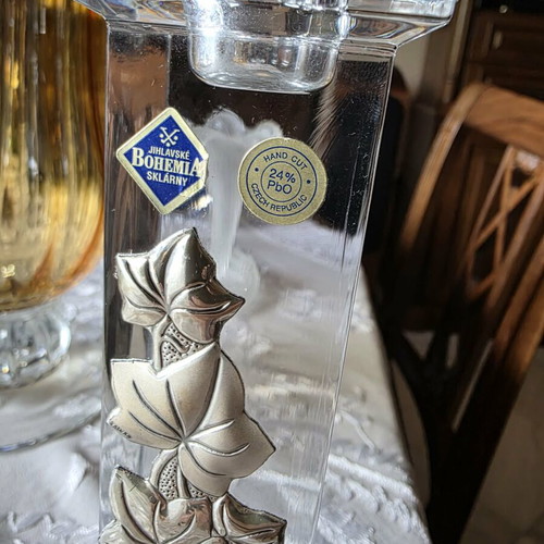 Bohemia Jihlavské Sklárny candle holder like new with silver leaves