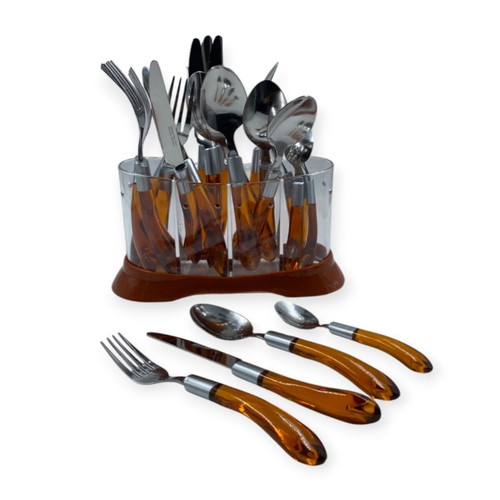 Cutlery set orange stainless steel 24 pieces with cutlery holder