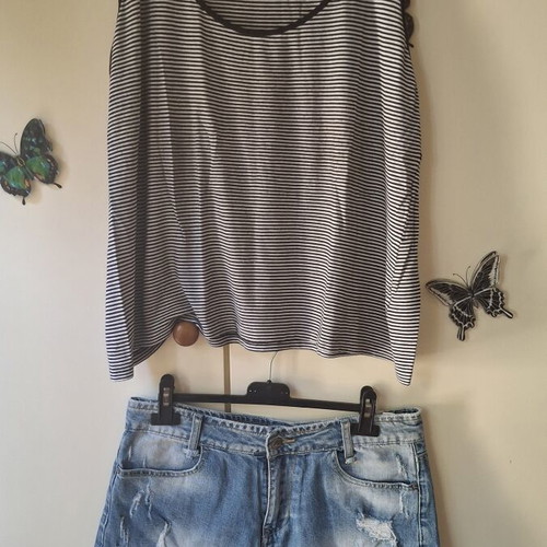 Cherry set Large with denim shorts and striped sleeveless top like new