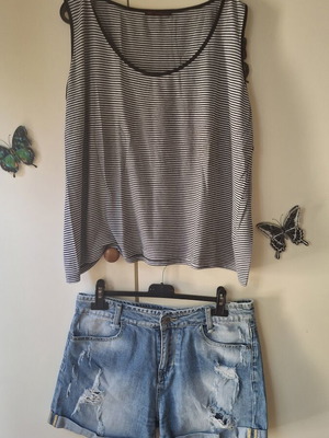 Cherry set Large with denim shorts and striped sleeveless top like new