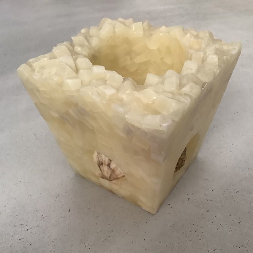 Handmade decorative candle holder used, cream color wax