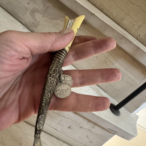 Vintage Cretan Folk Art Souvenir with Engraved Mantinada & Horn