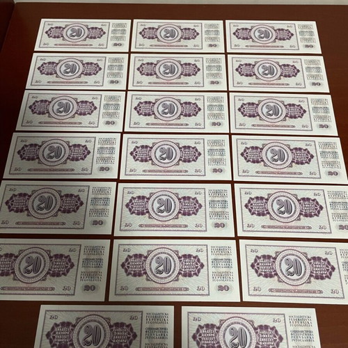 Yugoslavia 20 Dinar Banknotes 1974 unc, lot of 20 pieces