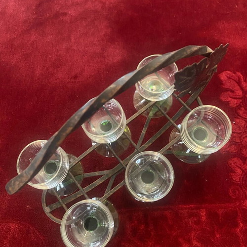 Vintage metal stand with six hanging liqueur glasses like new