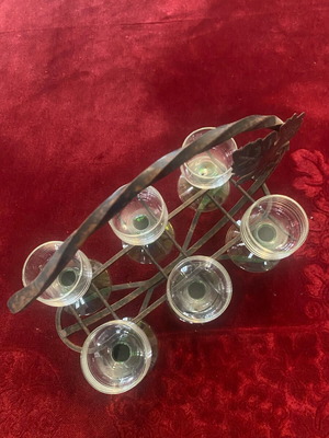 Vintage metal stand with six hanging liqueur glasses like new