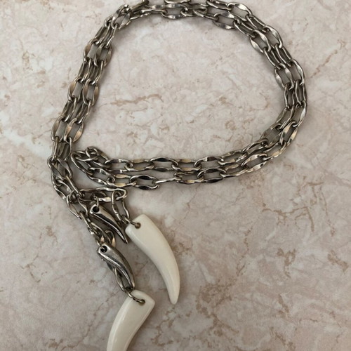 Necklace with plastic and metal fangs
