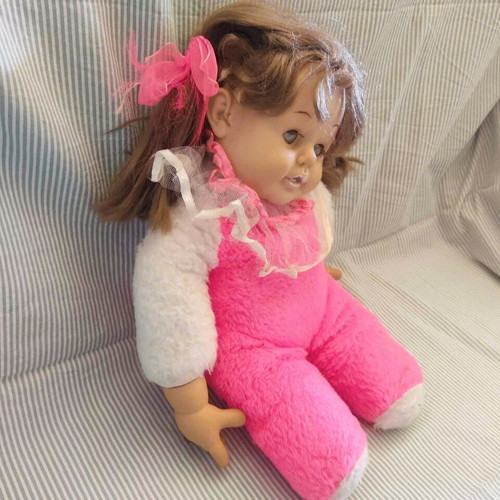 Vintage large collectible doll used, 40 cm, pink-fuchsia