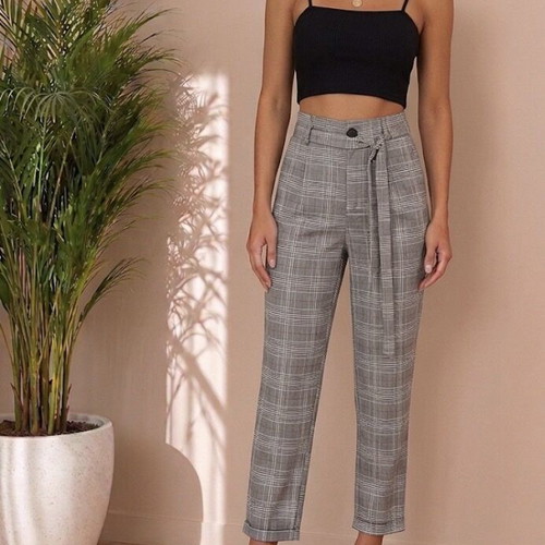 The Παντελόνι Cigarette high-waisted plaid pants with belt size S like new