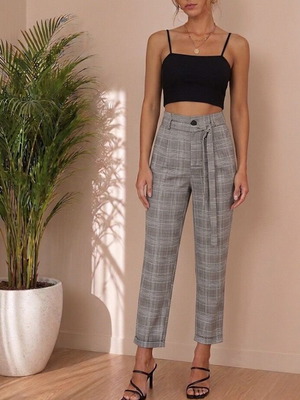 The Παντελόνι Cigarette high-waisted plaid pants with belt size S like new