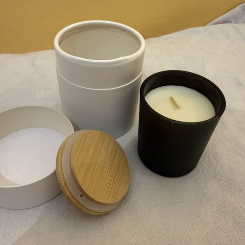 Aromatic candle in black jar with wooden lid and box new
