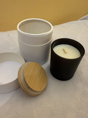 Aromatic candle in black jar with wooden lid and box new