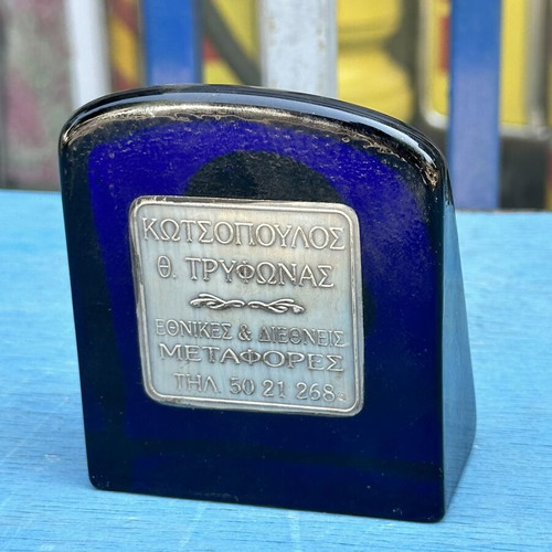 Vintage blue glass paperweight with silver Panagia icon used