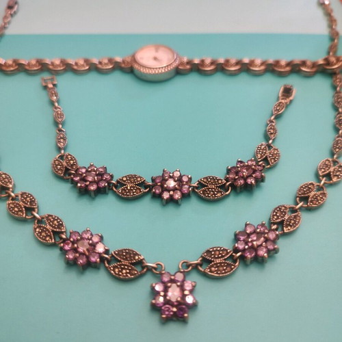 Silver set necklace, bracelet and watch like new with semi-precious stones