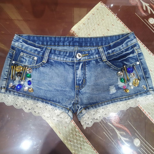 Jeans shorts decorated with beads, size S