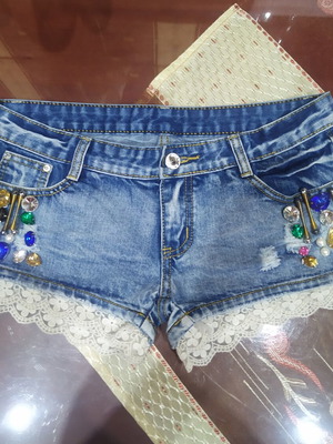 Jeans shorts decorated with beads, size S