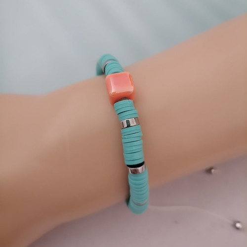 Women's summer bracelet with blue fimo discs, hematite and orange ceramic stone new