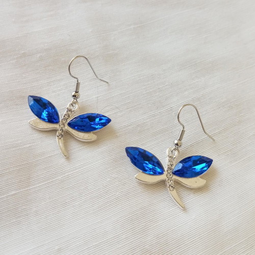 Dragonfly earrings new with blue crystals and silver stainless steel