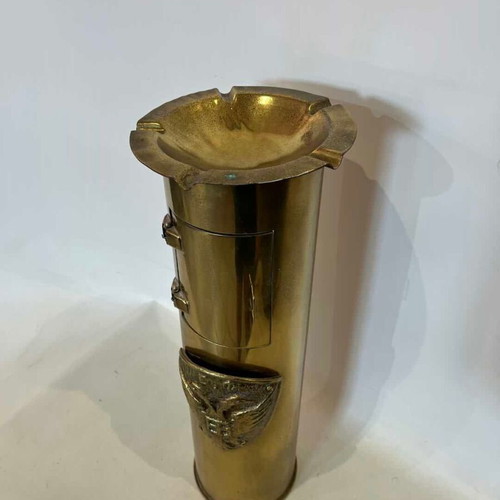 Antique handmade brass floor ashtray from shell with door and emblem 52x13
