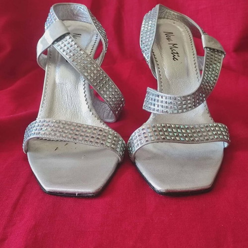 Silver sandals satin with iridescent rhinestones like new, size 39