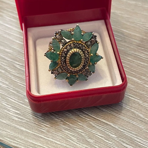 Ring 9K gold and 925 silver with diamonds and emeralds used, size 57
