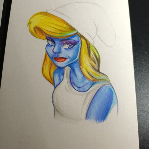 Modern Smurfette Drawing like new, handmade with colored pencils