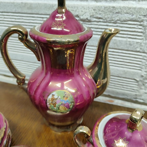 Porcelain coffee set used, 15 pieces, burgundy-fuchsia with gold details