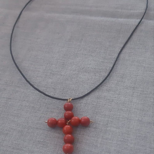 Miriam Cross with Natural Coral and Leather New, Handmade Gift Pouch
