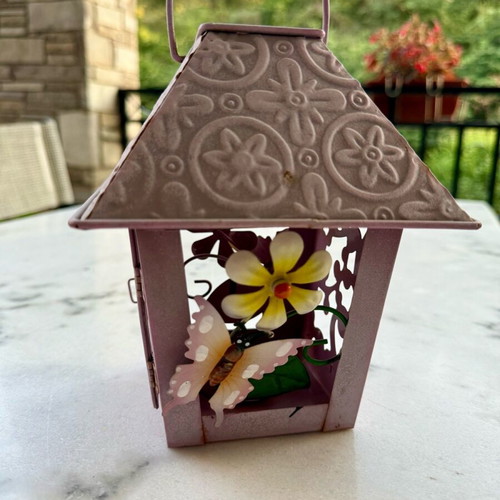 Decorative lantern used for tealight candle, metal, vintage pink