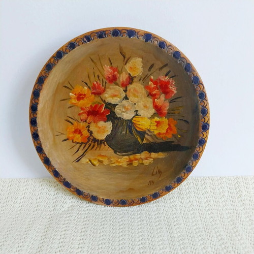 Vintage Hand-Painted Wooden Decorative Plate Floral Still Life