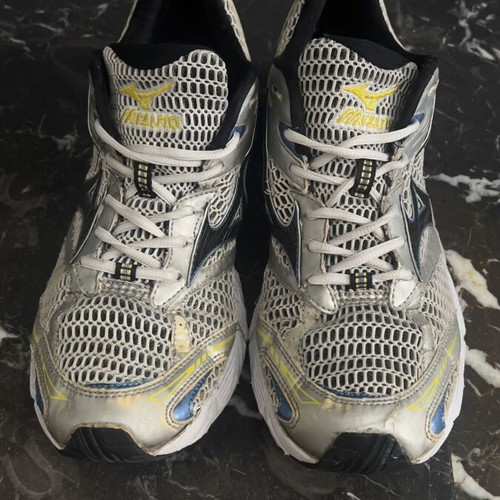 Mizuno Wave Nexus 6 Running Shoes used, size 46, silver and blue