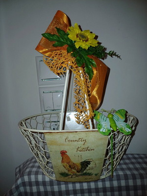 Metal basket new decorated with ribbons, flowers and butterflies