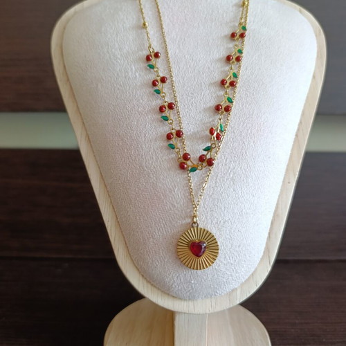 Stainless Steel Necklace with Cherries and Heart like new, red and gold