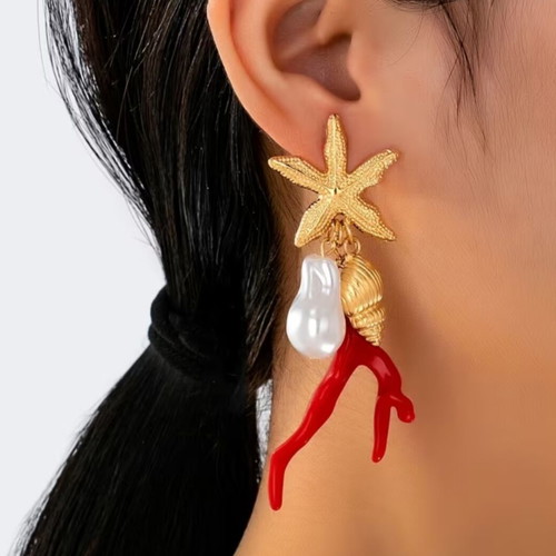 Earrings new, large, red and gold summer style