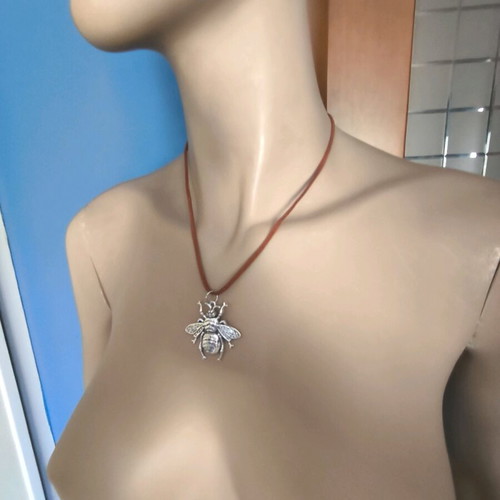 Necklace new with brown velvet strap and silver bee pendant