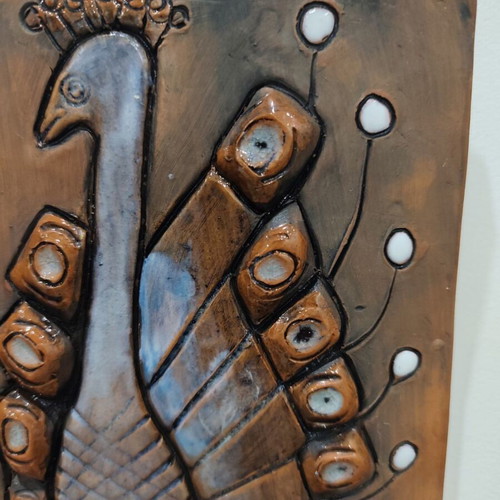 Vintage ceramic wall panel peacock signed, like new