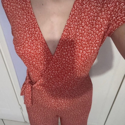 Pink Woman floral jumpsuit, medium, red and white