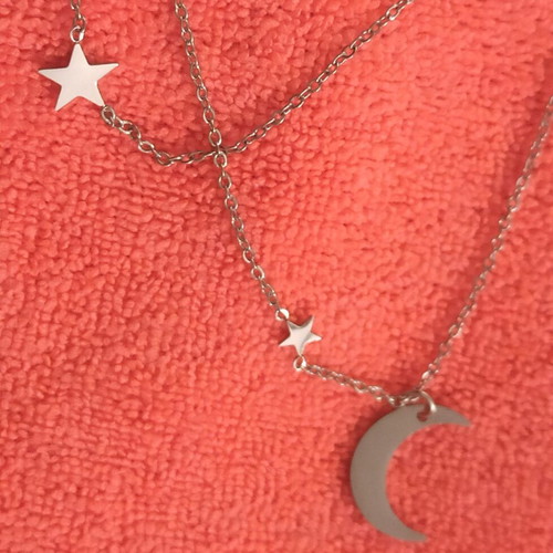 Steel necklace new with double chain and crescent moon detail