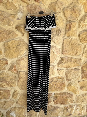 Striped Strapless Maxi Dress like new, navy blue and white with lace